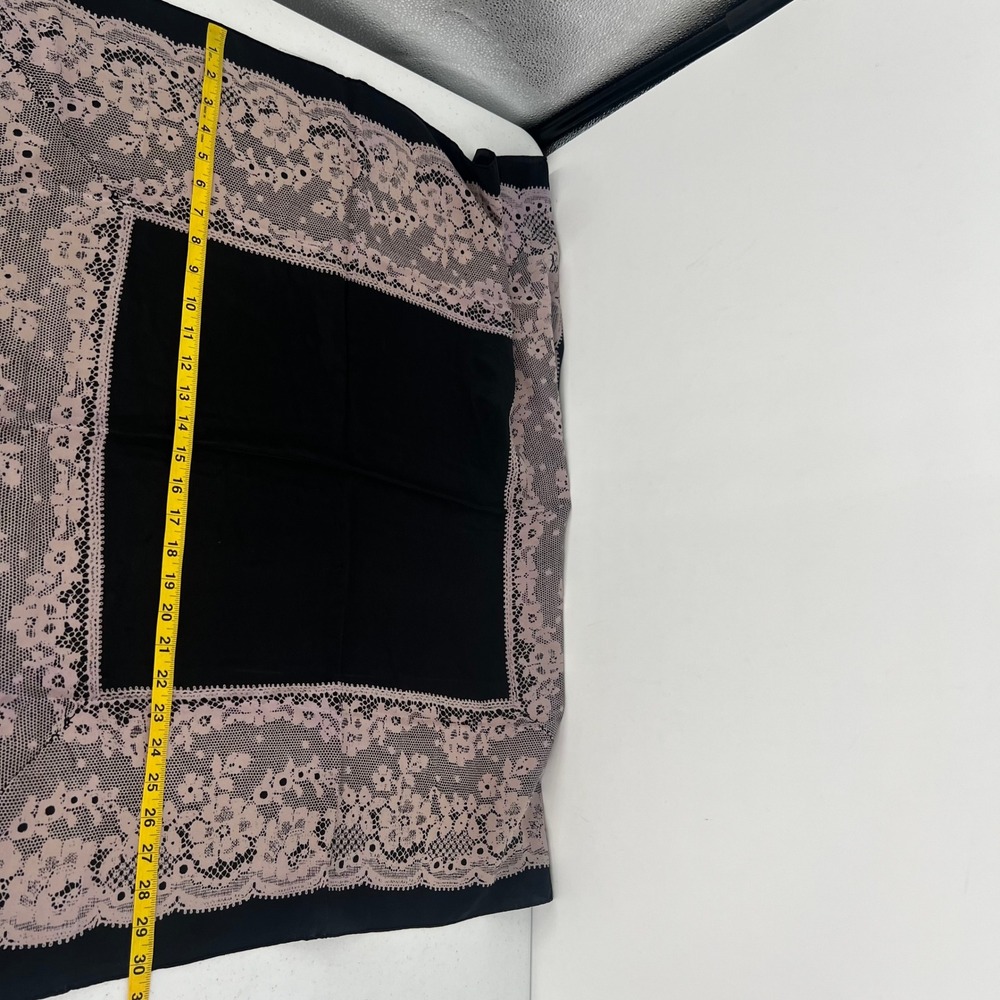 Lanvin Paris Silk Square Scarf Black Pink Floral Lace Print Hand Rolled - Picture 11 of 12